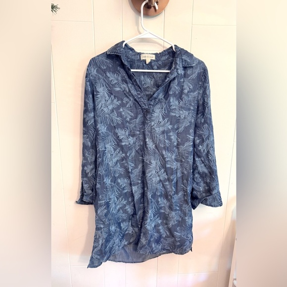 Cloth & Stone Palm Print Chambray Tencel Lyocell Shirt Dress Small Blue Casual - Picture 3 of 8